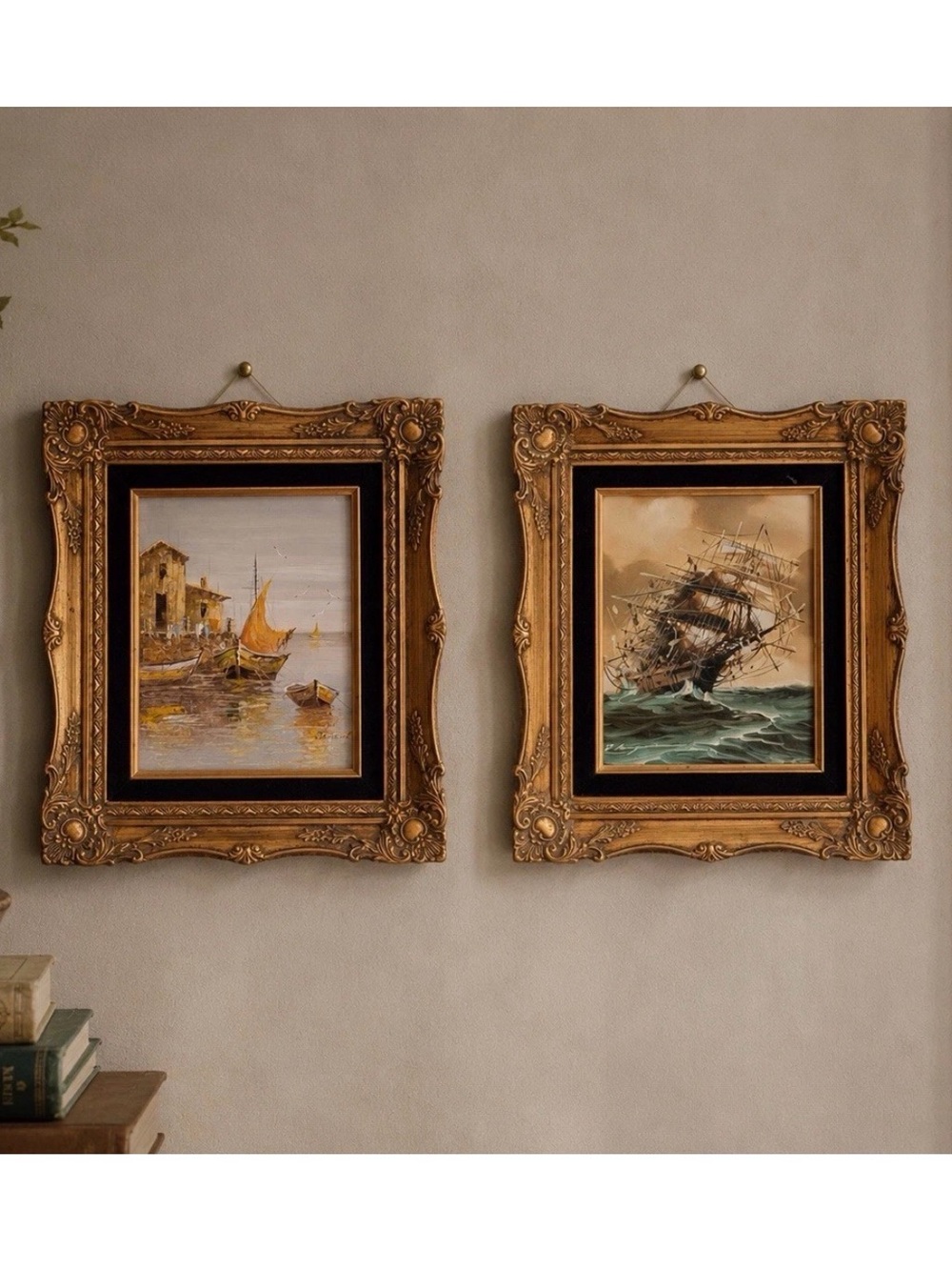 Pair of Vintage Maritime Paintings in Matching Ornate Gilt Frames – Sailing Ship